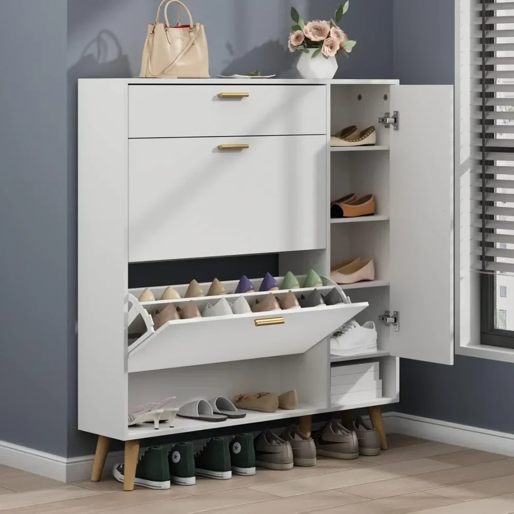 

Shoe Rack Cabinet, Entryway Narrow Shoe Rack Storage, Free Standing Shoes Storage Organizer Cabinet with 2 Flip Drawers