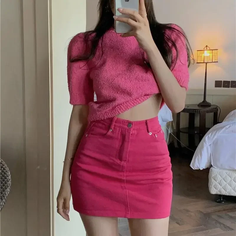 Kawaii High Waist Jeans Skirts for Women Midi Woman Denim Skirt with Pocket Mini Gyaru Short Cute A Line New in Vintage Premium
