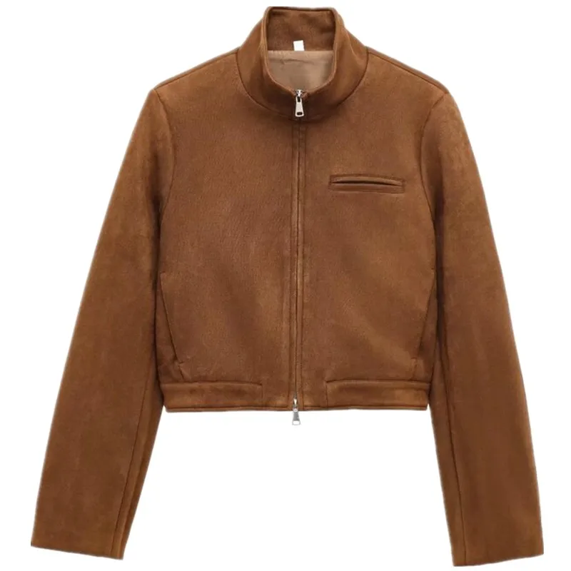 Winter 2024 Damen Samt Textur Stehkragen Leder Jaet Mantel Sli Vielseitige Loose Fit Oberbekleidung für Damen