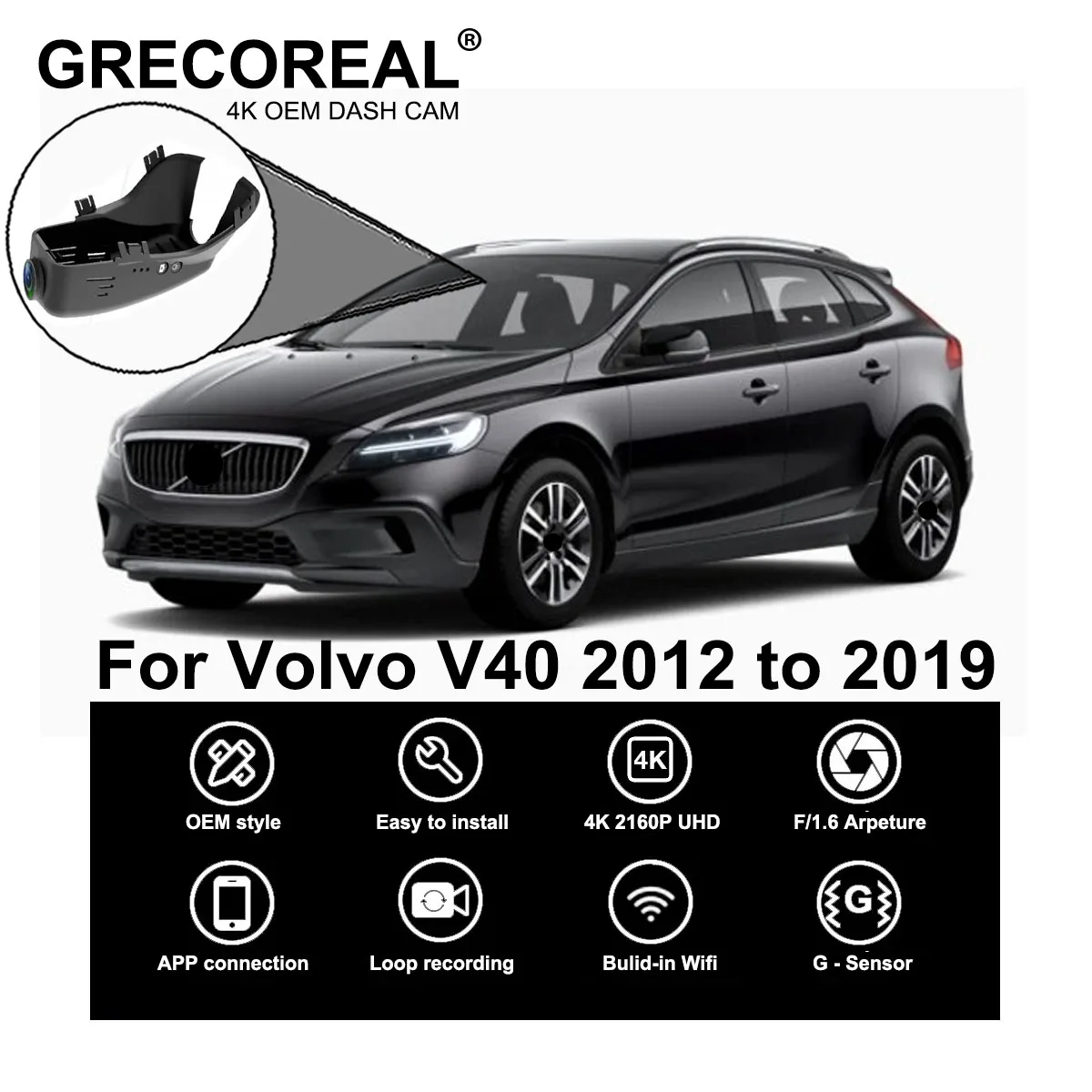 

GRECOREAL 4K Dash Cam Front and Rear 2160P WiFi Car Dual Dashcam APP Control Easy Install Plug Play Compatible with Volvo V40