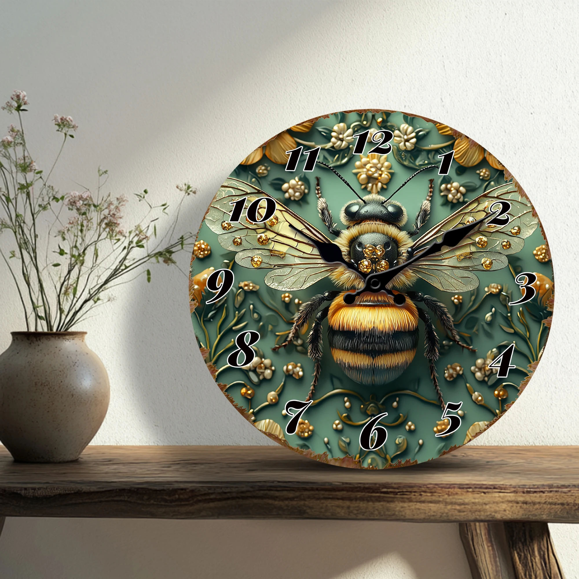 Detailed Bee with Floral Background Wall Clock - Nature Inspired Decorative Timepiece - Intricate Insect Theme Hanging Clock for