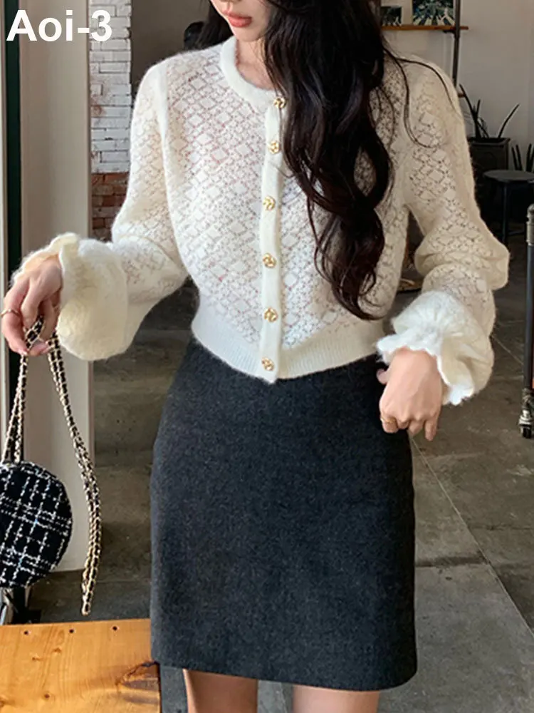 Fashion Elegant Knitted Cardigan Women\'s 2023 Thin Crochet Hollow Out Flare Sleeve Top Round Neck Gold Button Long Sleeve Coat