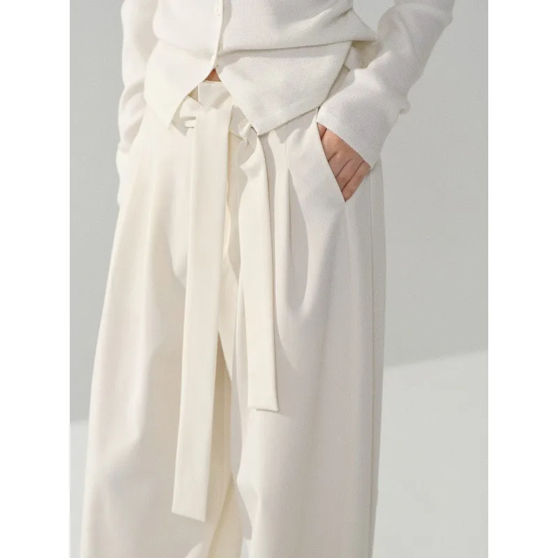 Elegante losse gedrapeerde stropdas taille wijde pijpen broek hoge taille rechte lange broek dames herfst winter minimalistische dagelijkse outfit look