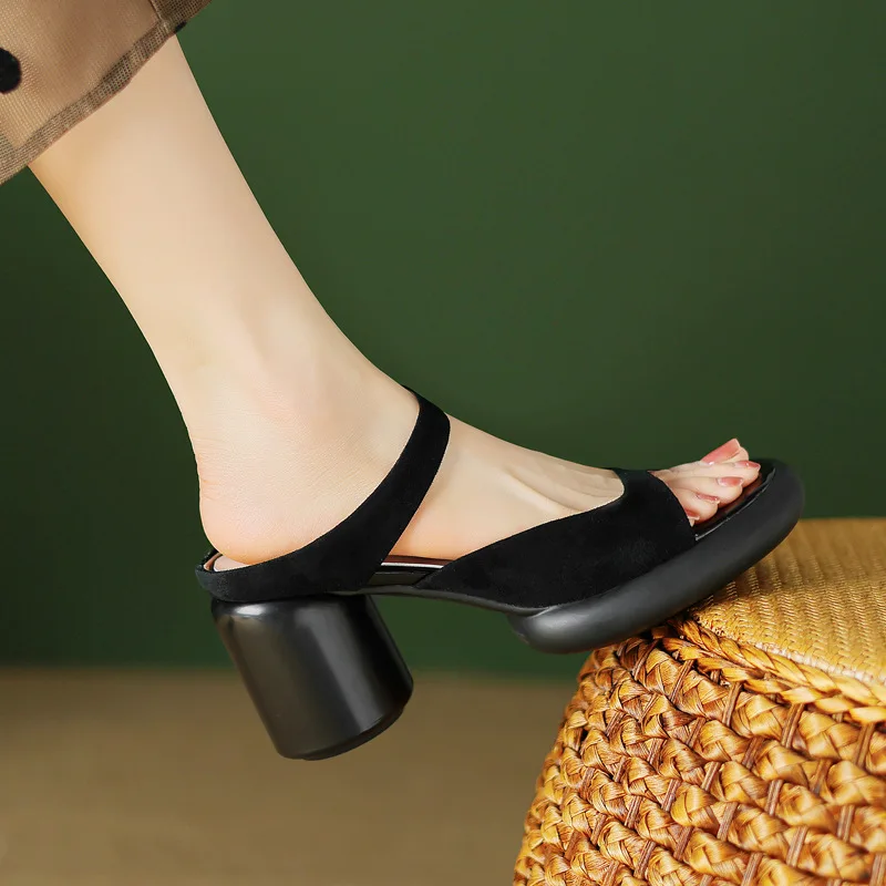 Ladies Natural Suede Leather Thick High Heels shoes Open Toe Sandals Narrow Band Elegant Women Summer High Heeled Pumps Slippers