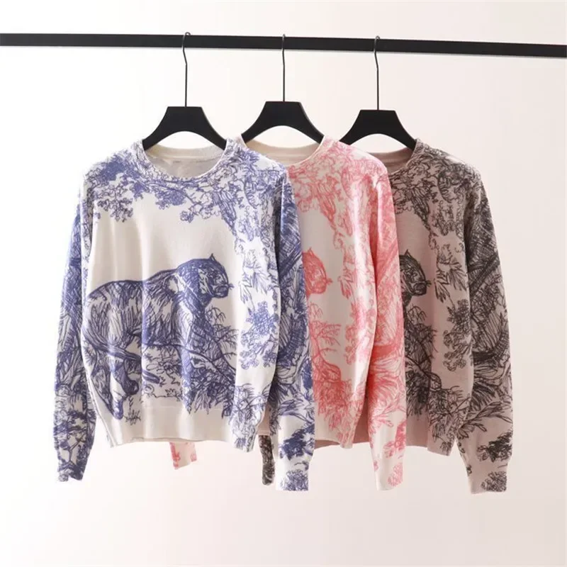 

TPJB Forest Tiger Jacquard Women Sweater Cashmere Spring Autumn Knitted Pullover Long Sleeve Soft Knitwears Luxury Runway Jumper