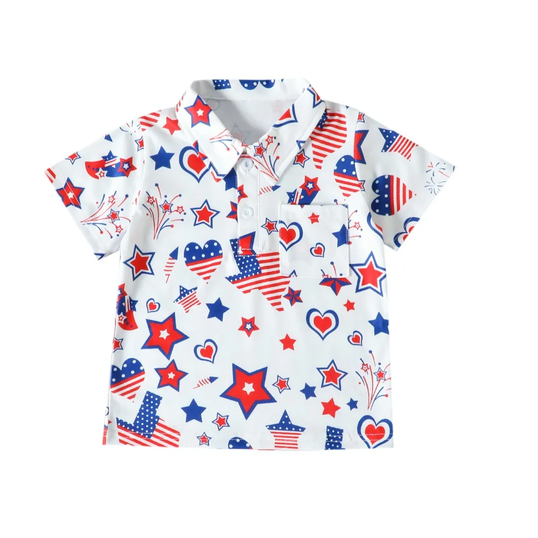 Independence Day 4th of July Summer Boutique Boys Clothing White Short Sleeve Shirt Firework Rocket Cartoon Print