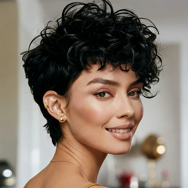 

Короткие кудрявые парики с волнистыми прядями и закрученной челкой, полностью машинной работы, из бразильских волос Remy, подходят для женщин для повседневного ношения.