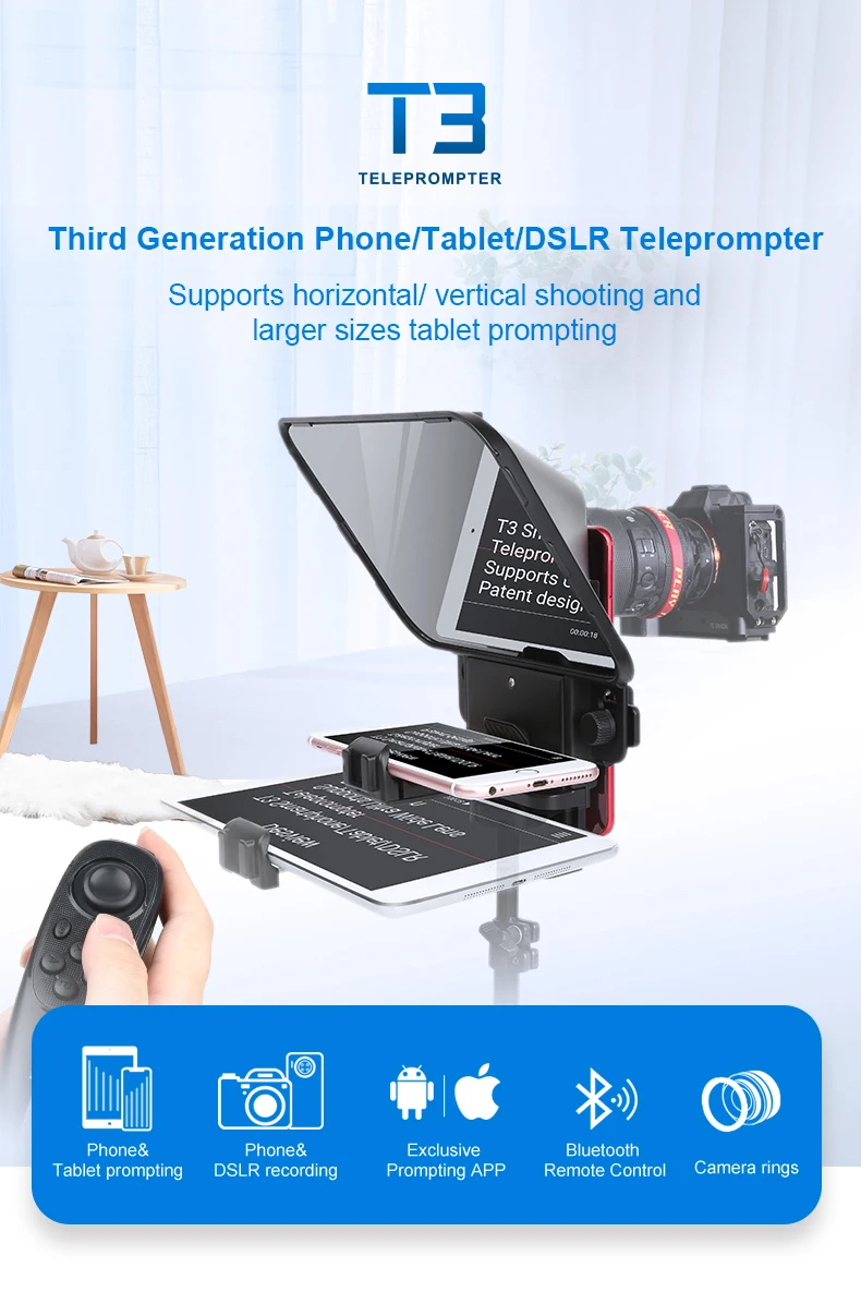 Desview T3 Smartphone/Tablet/DSLR cam era Teleprompter con telecomando IOS/app Android supportata