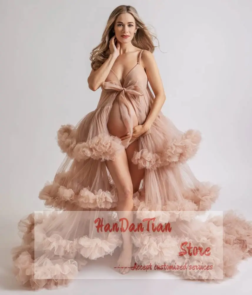 

Tulle Maternity Photoshoot Robes Long Deep V-Neck Puffy Ruffles Bathrobe For Womens High Slit Baby Shower