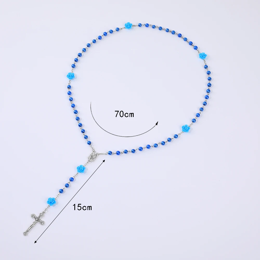 Religion Rosary Necklace For Women 6MM Imitation Pearl Long Chain Virgin Mary Jesus Cross Pendant Men Christian Prayer Jewelry