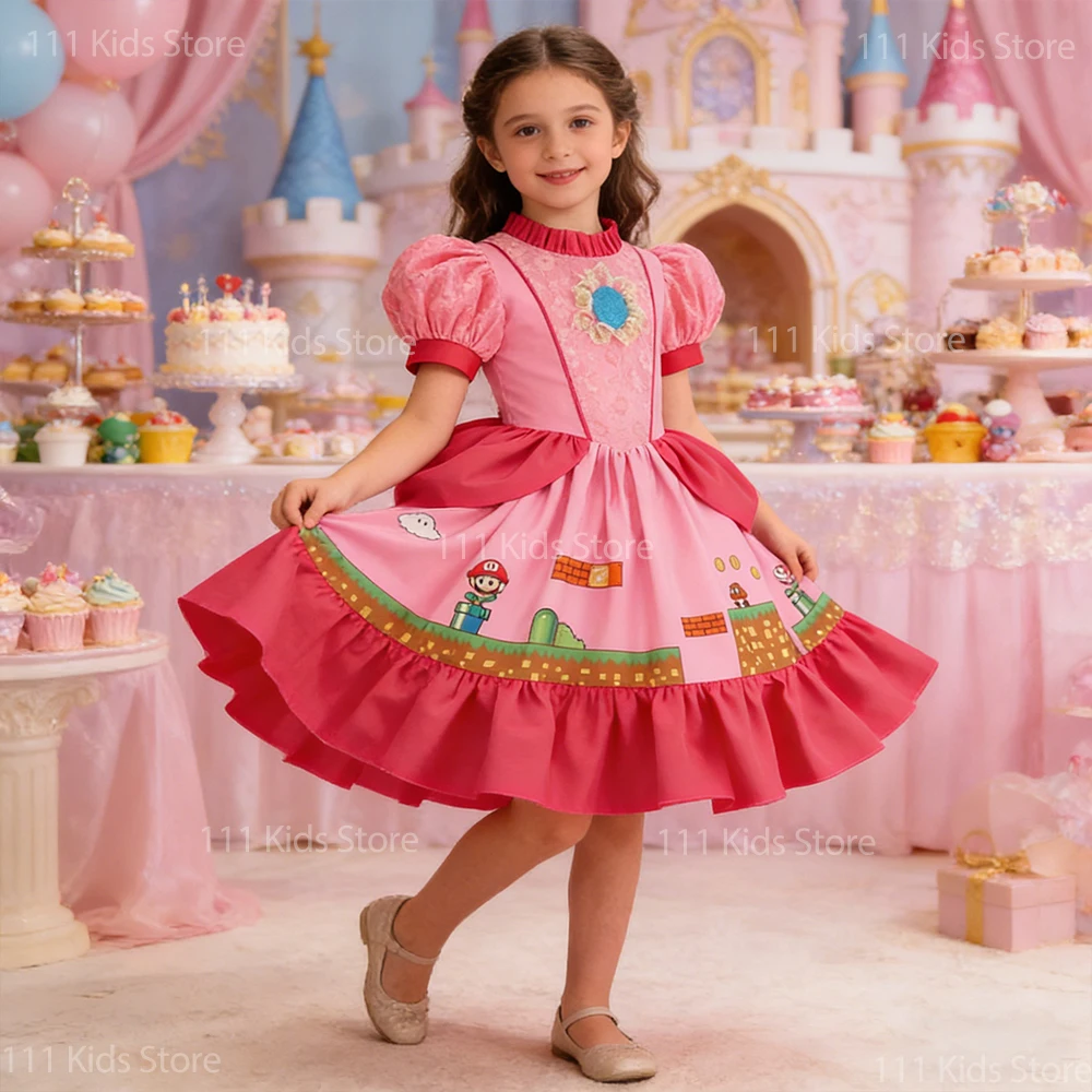 Elegante Mädchen-Partykleider Puffärmel Sommerkleid Kinder-Filmfigur Pfirsich-Prinzessin Cosplay Auftritts-Kostüm Geburtstagskleid
