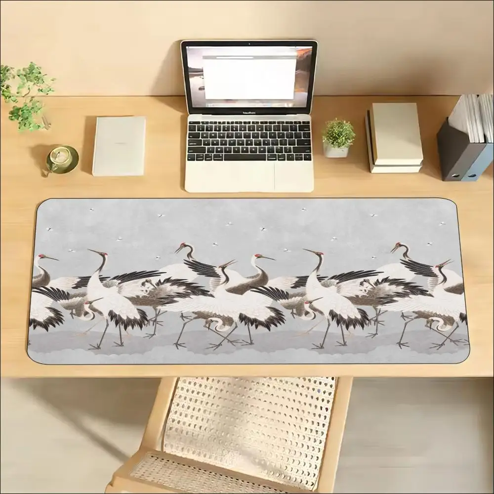 Chinese Red Crane Painting Large Gaming Mouse Mat XXL Desk Pad Non-Slip Rubber Base HD Printing Stitched Edge For Esports Joy