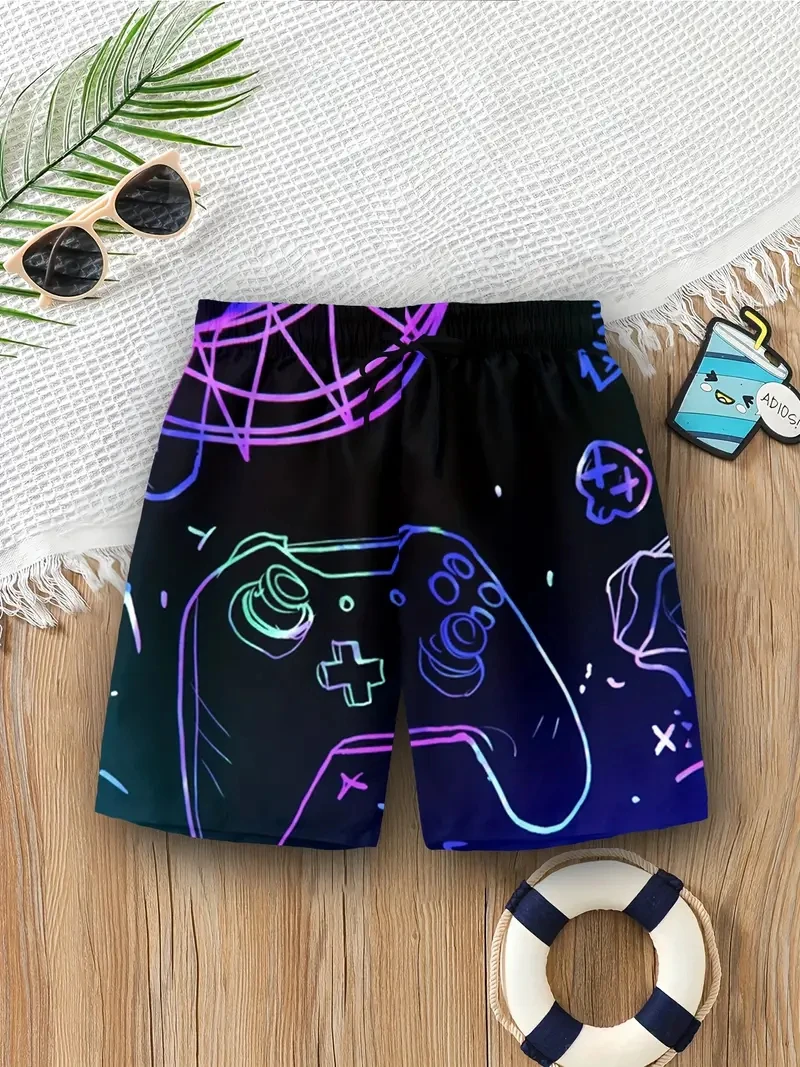 Męskie szorty kąpielowe z nadrukiem graficznym 3D, nowe letnie hawajskie szorty surfingowe z sznurkiem, wzór gamepadu, plażowe, 2025