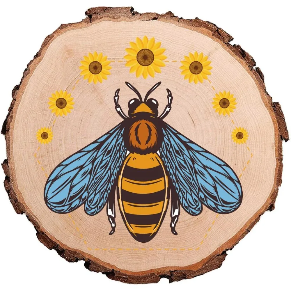 Bees Sunflower Printed Round Wood Slices 4.3 Inch Circular Rustic Wooden Undrilled Pieces Tree Trunk Discs Log Coaster Art Decor