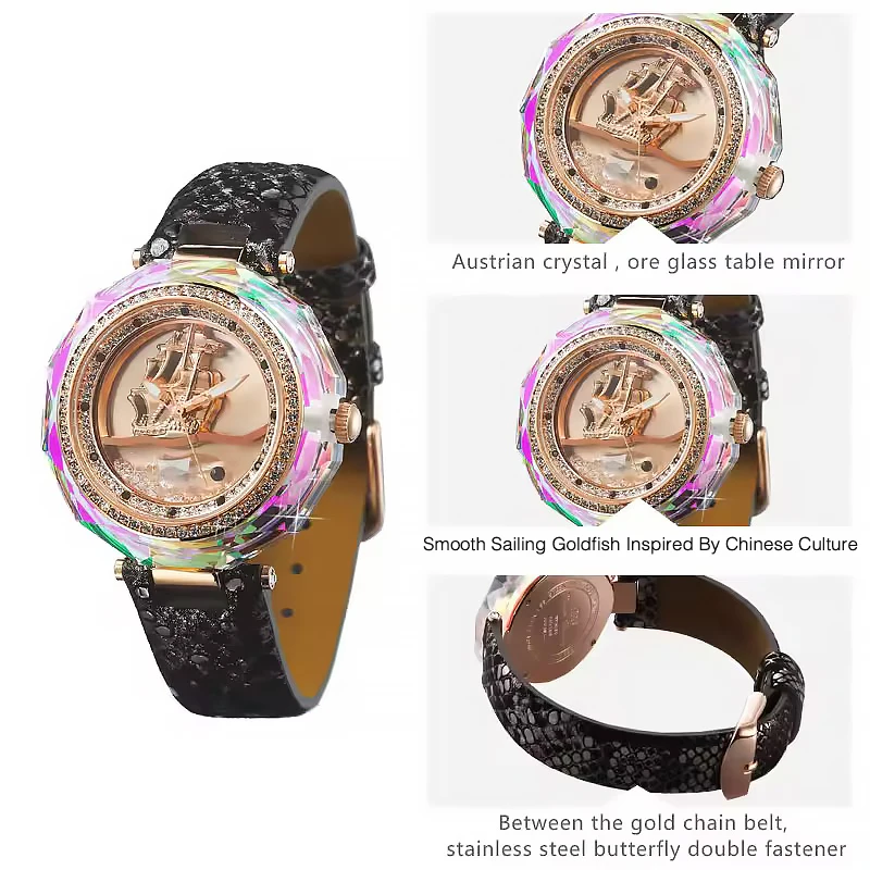 Princess Butterfly นาฬิกาข้อมือผู้หญิงควอตซ์แฟชั่นวินเทจนาฬิกาผู้หญิงปลาทองการเดินทางที่ราบรื่นเพชรหลากสีแบรนด์ดั้งเดิมนาฬิกาหนังของขวัญสำหรับผู้หญิง