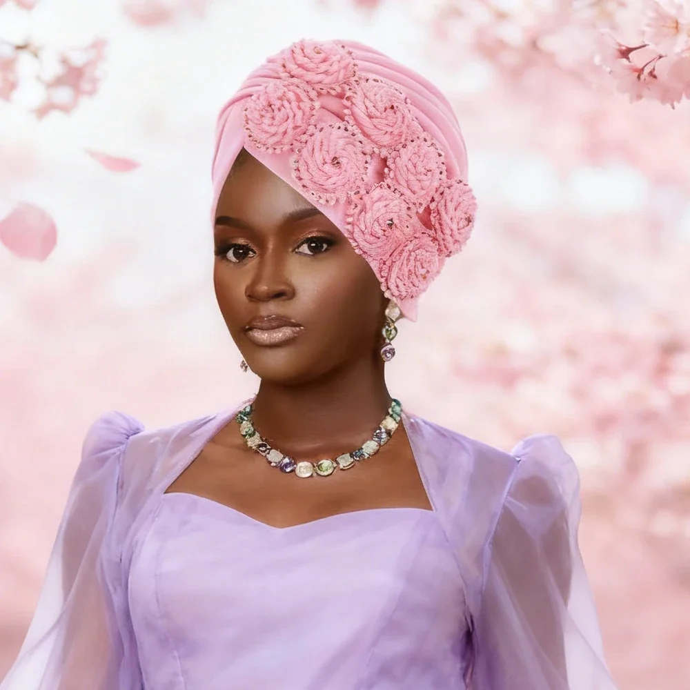 Indian Hat Rhinestone Flower Turban Women Muslim Hijab Bonnet Beanies Pleated Headscarf African Geles Head Wrap Turbante Mujer
