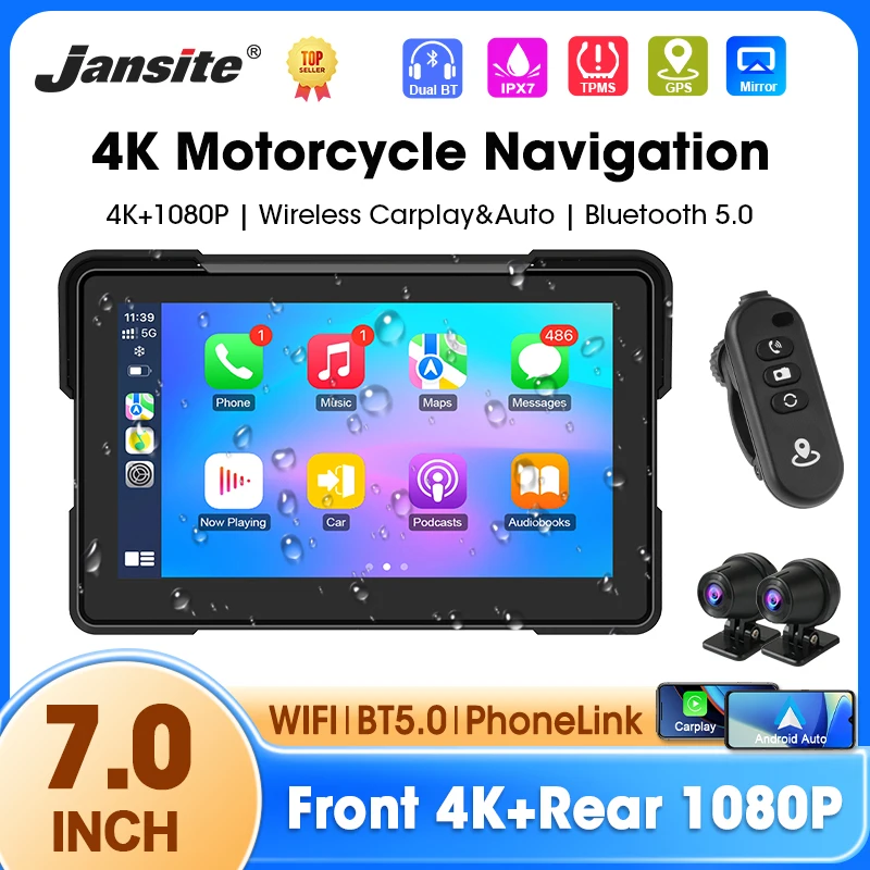 

7-дюймовый портативный мотоцикл Carplay 4K + 1080P DVR GPS-навигация IPX7 водонепроницаемый ЖК-дисплей для беспроводного CarPlay Android Auto