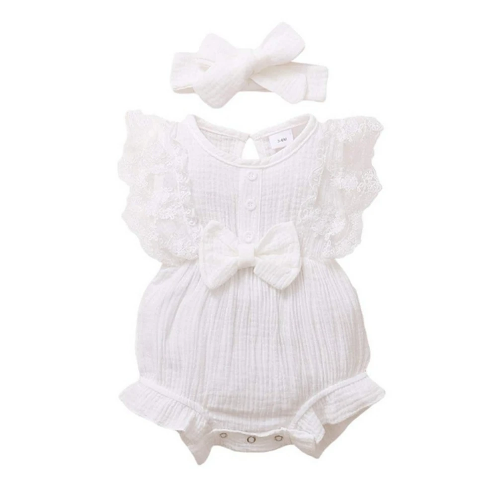 2pcs/set Newborn Baby Girls Bow Romper Summer Outfits Lace Ruffled Sleeve Jumpsuit Bodysuit+Headband Infant Clothes 0-18M