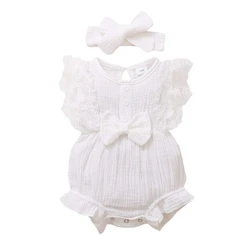 2pcs/set Newborn Baby Girls Bow Romper Summer Outfits Lace Ruffled Sleeve Jumpsuit Bodysuit+Headband Infant Clothes 0-18M