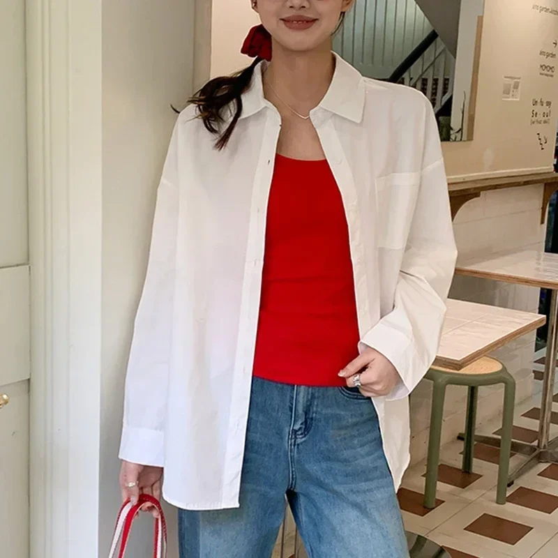 Kobiety Wiosna Jesień Koreańska Bawełniana Bluzka Moda Odzież Luźne Koszule Lady Casual Długi Rękaw Kołnierzyk Zapinany na Guziki Mujer