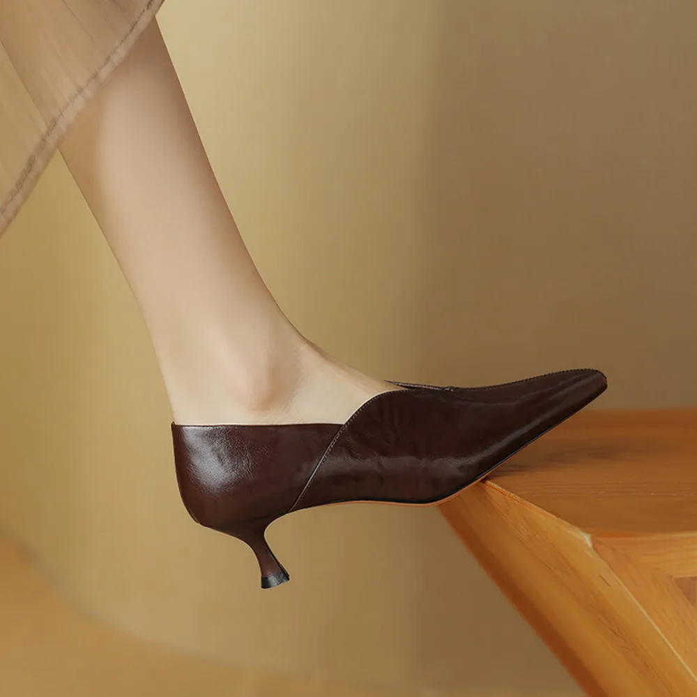 Women\'s Shoes Sharp Toe Pure Handmade with Black and Brown Leather Cowhide Material V-shaped Mouth High Heels Women Pumps