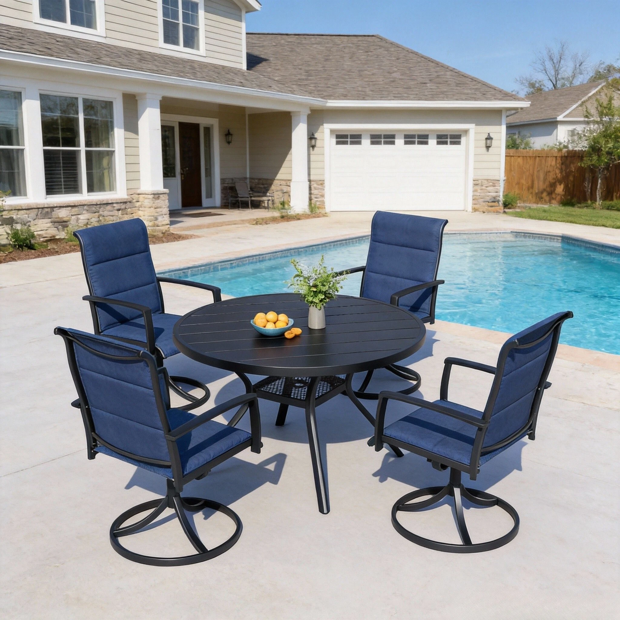 

BIGGET 5PCS Outdoor Patio Furniture Set 4-Seat Round Table with Dual Umbrella Hole & Blue Swivel Chairs for Poolside Deck