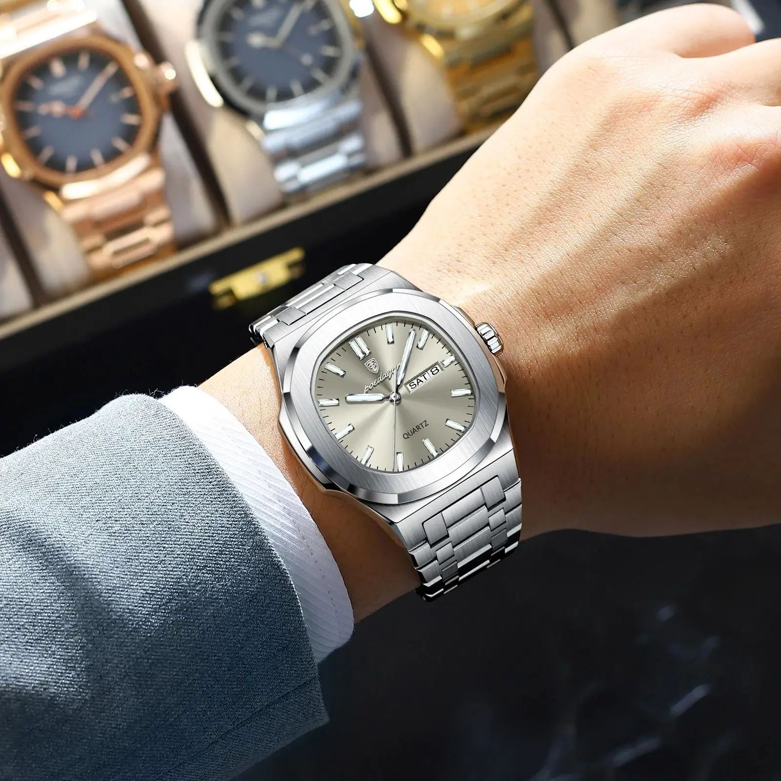 POEDAGAR ساعة رجالية عسكرية فاخرة مربعة مقاومة للماء مضيئة تاريخ الأسبوع ساعة رجالية من الفولاذ المقاوم للصدأ كوارتز ساعات رجالية Reloj + صندوق