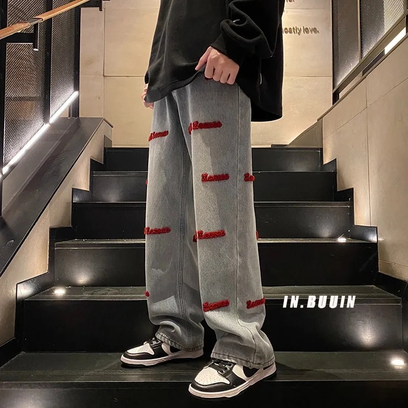 

Retro American Sle Men's Jeans Autumn Winter Fce Embroidery Hip Hop Loose Wide Leg Pants Casual Long Trousers