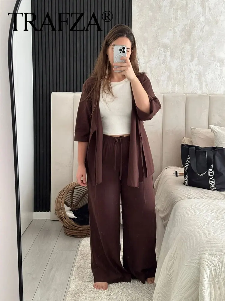 TRAFZA Women Solid Pajama Style Blouse Pant Sets Long Sleeve Lace Up Shirt Drawstring Trousers Loose Casual Office Lady Suit