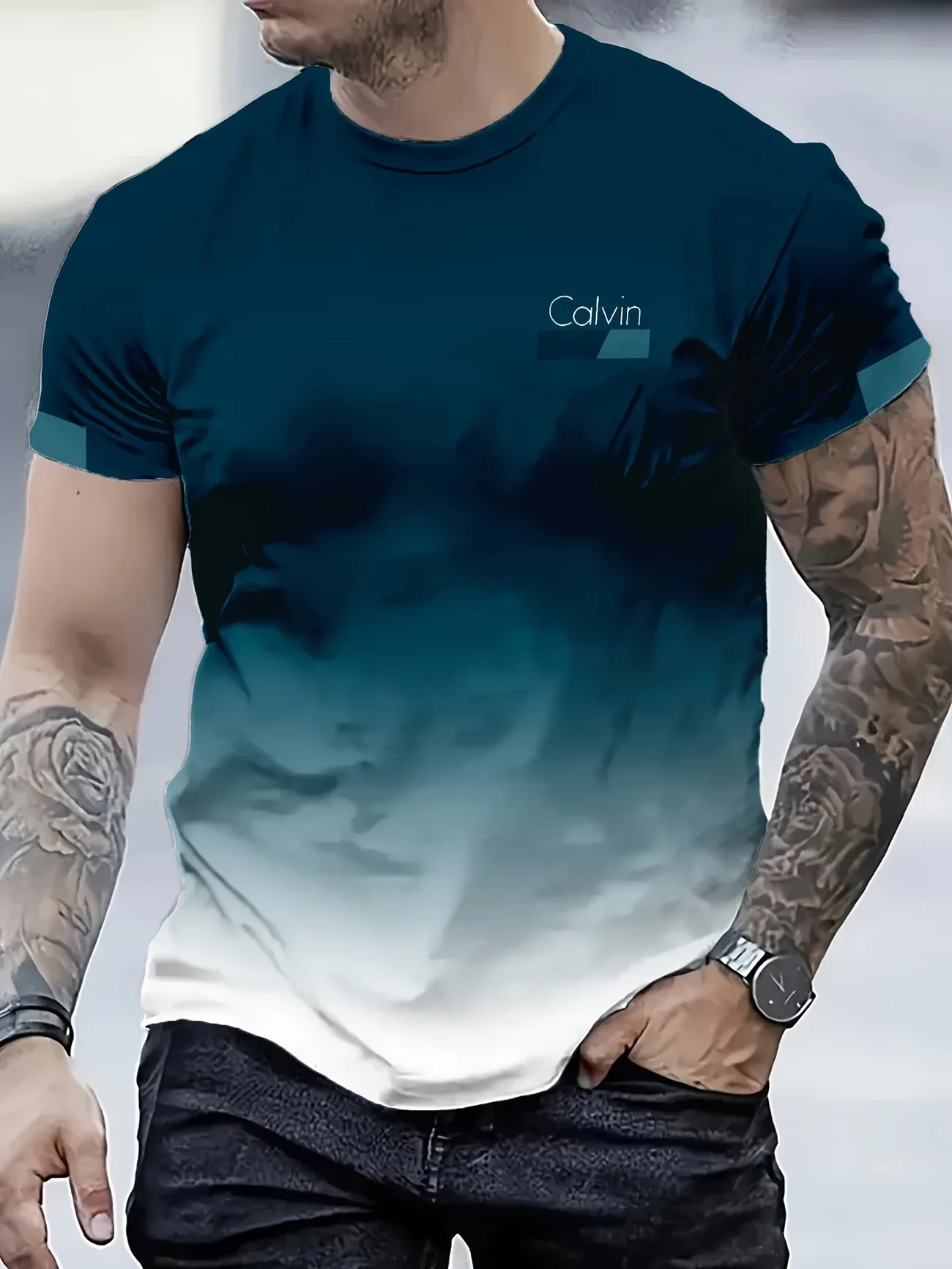 Camiseta de Verano de Lujo para Hombre con Estampado 3D Degradado, Patrón Abstracto de Ondas en Espiral Turquesa y Dorado, Cuello Redondo, Manga Corta, Transpirable