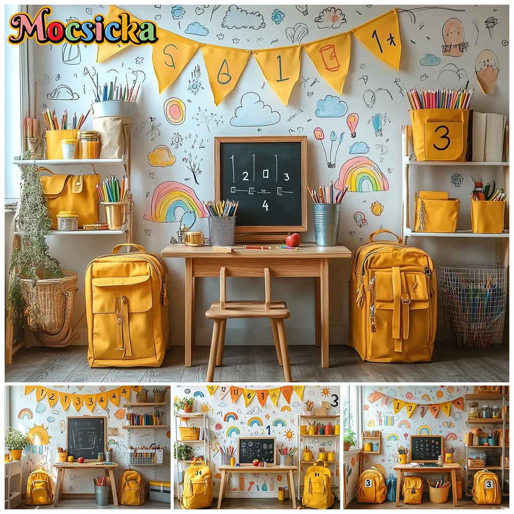 Mocsicka Photography Backdrop Back To School Kid Classroom Hand Drawn Doodle Yellow Backpack Stationery Flag Children Background