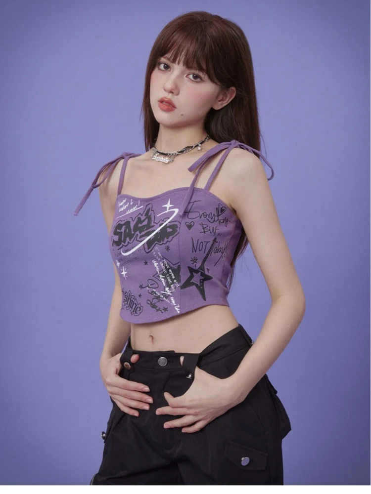 Y2K printed hot girl punk vest summer purple camisole graffiti printed camisole vest sexy slim fit women's top streetwear emo