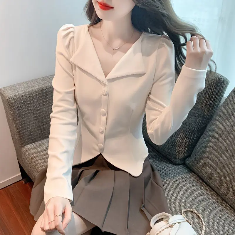 Women\'s Spring Fashion Simplicity Solid Color Turn-down Collar Long Sleeve Shirts Women Clothing Casual All-match Slim Tops