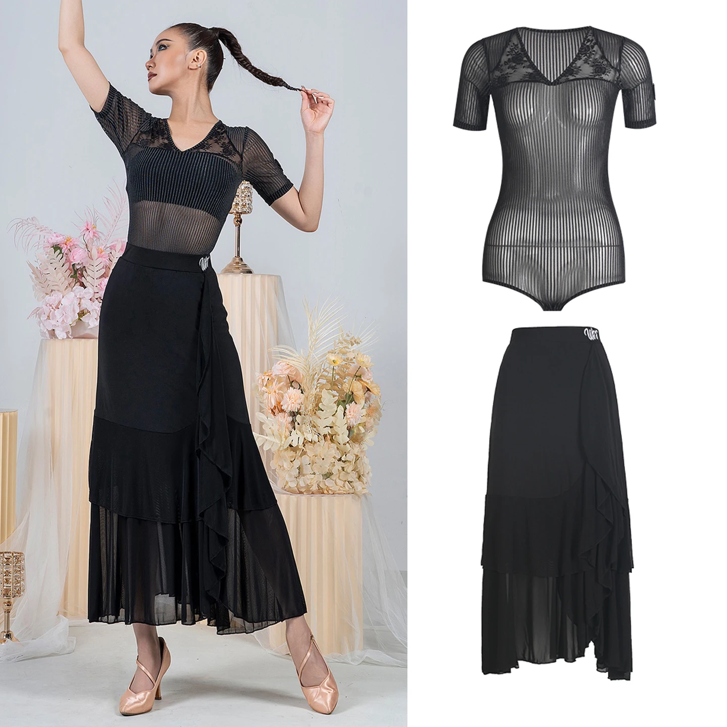

Latin Dance Clothes Ballroom Dance Costume Sexy Mesh Onesie Irregular Skirt Waltz Dance Performance Dress Practice Wear DNV23879