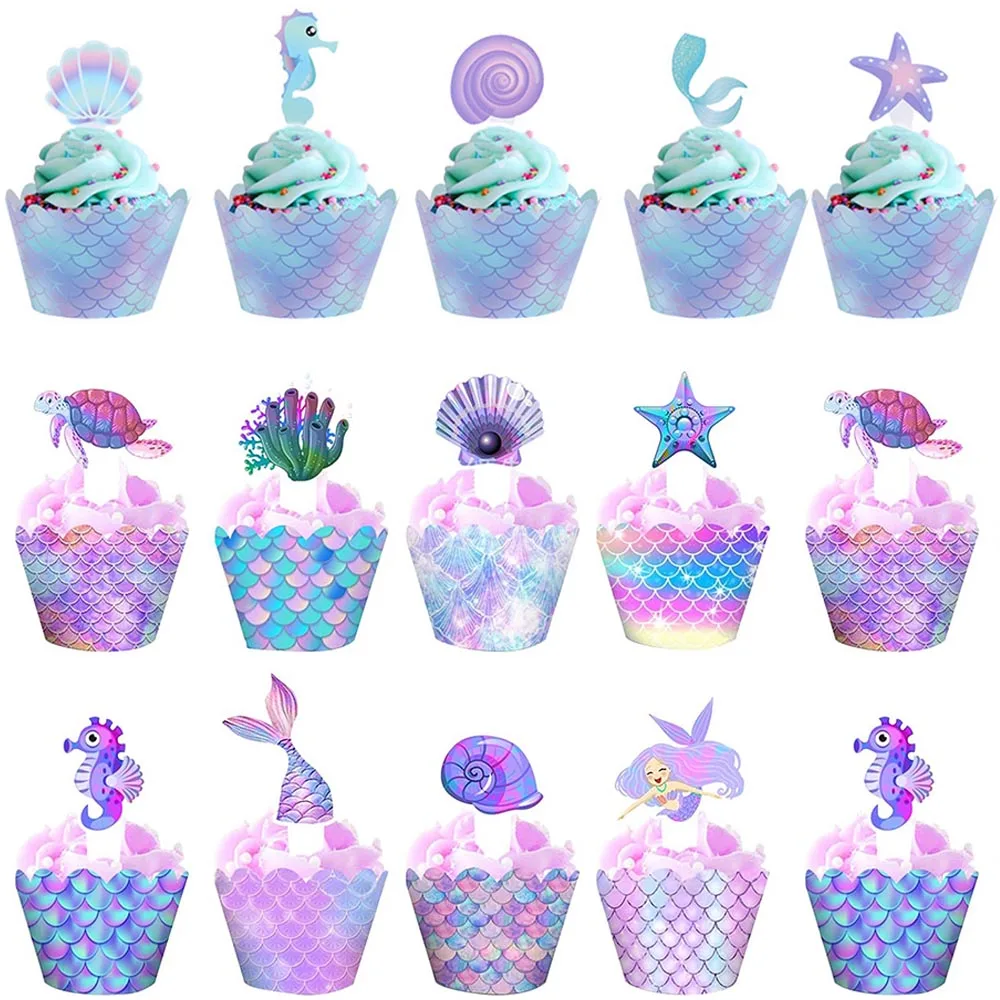 Mermaid Cupcake Toppers and Wrappers Sea Animal Cupcake Liners Mermaid Themed Birthday Under The Sea Baby Shower Party Decors