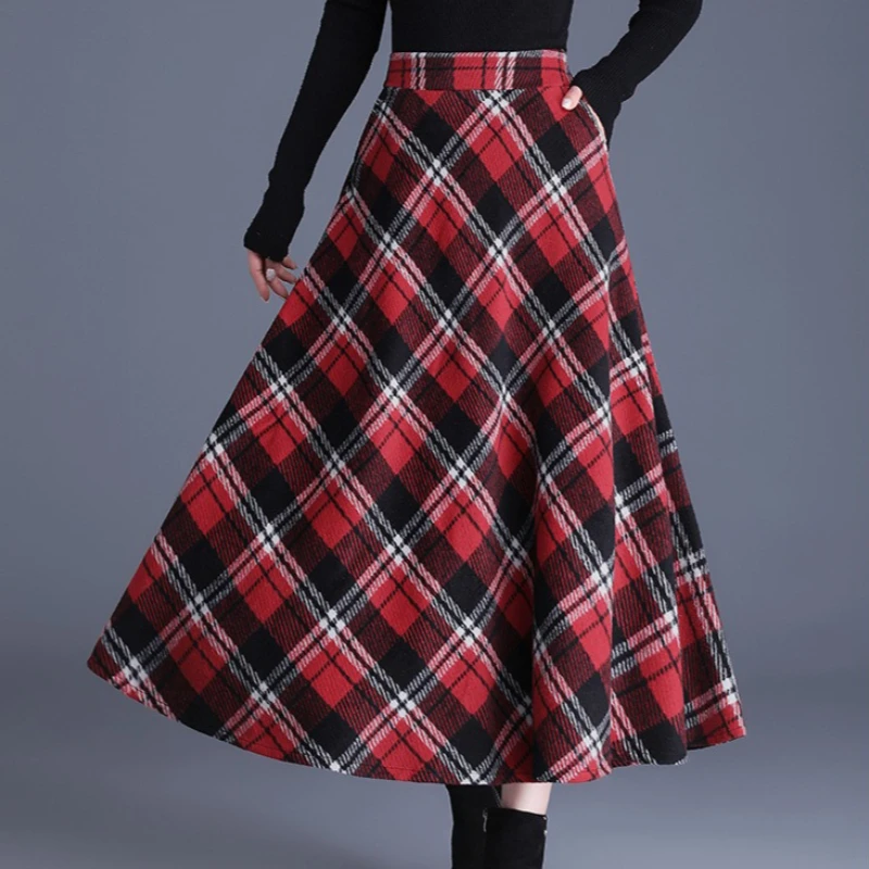 

Autumn Winter High-waisted Wool Blend Plaid Scotland Tartan A-line Long Skirts