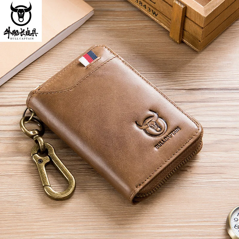 Cartera de cuero genuino para hombre, llavero con cremallera, monedero, bolsillo, dinero en efectivo, antirrobo