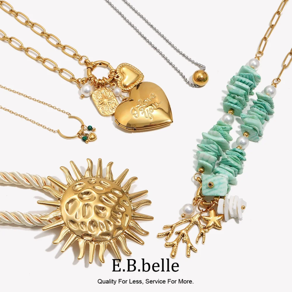 E.B.belle Mixed Color Ball Coral Photo Box Heart Sun Pendant Necklace PVD Plated Stainless Steel Waterproof Party Women Jewelry