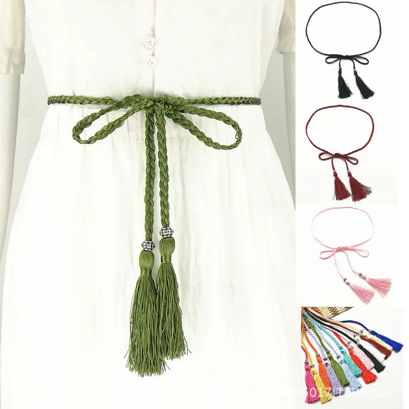 

Women Waist Belt Rope Chinese Style Braided Woven Tassel Thin Belt Female Knot Decorated Waistband Hot Casual Solid Black Belts