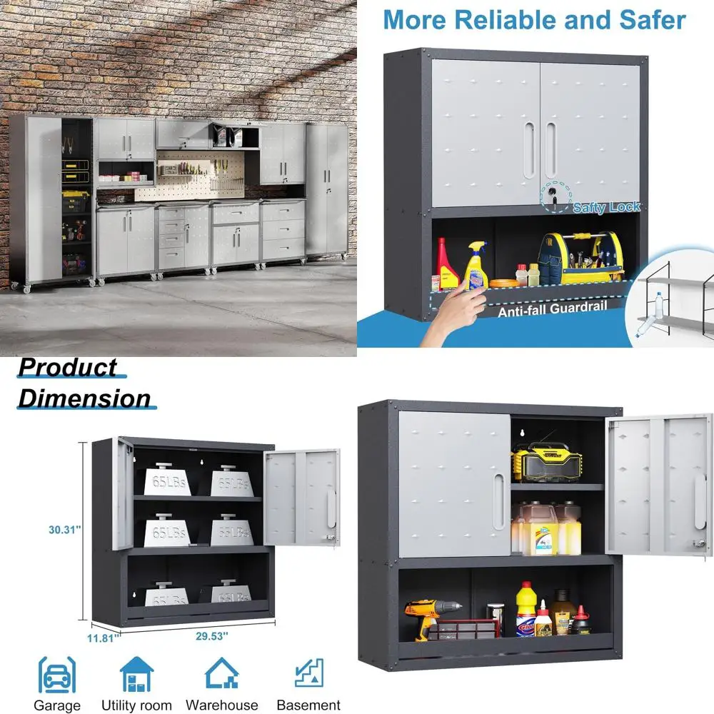

Настенный металлический шкаф для гаража повышенной прочности с запирающимися дверцами и подвесными полками для хранения инструментов или использования на кухне