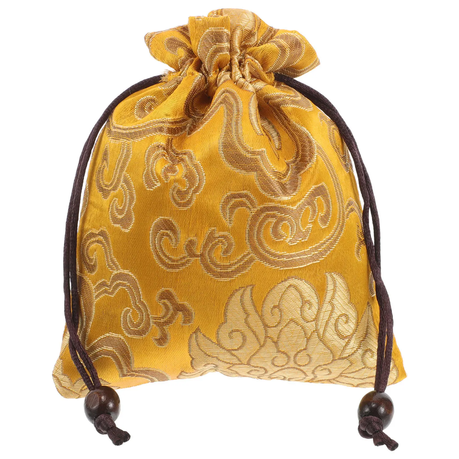 Embroidered Golden Silk Drawstring Bag 13x16cm Tibetan Brocade Lucky Coin Pouch Travel Jewelry Bracelet Necklace Storage