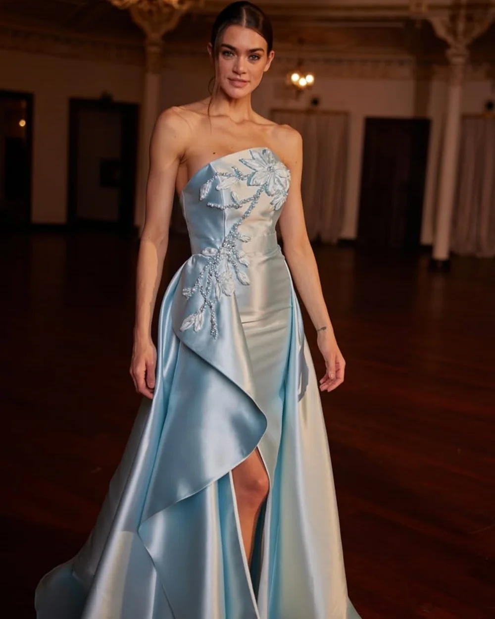 

Customized Exquisite Matching Charmeuse Handmade Flower Beading A-line Strapless Long Dresses Bespoke Occasion Dresses Formal