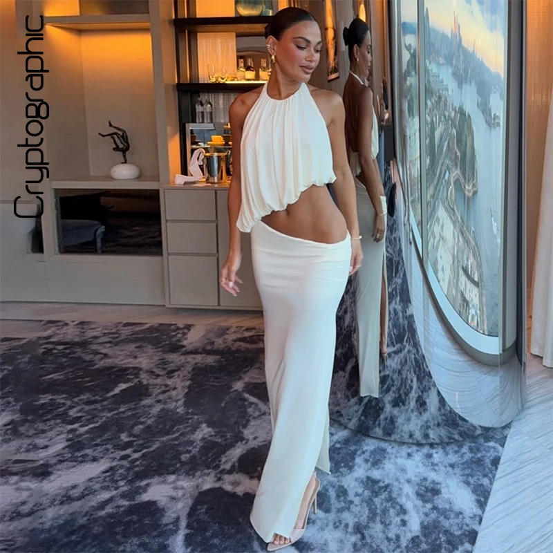 

White Halter Ruched Top and Maxi Skirt Set Asymmetric High Low Waist Backless Sleeveless Cocktail Party Elegant Stylish Outfits