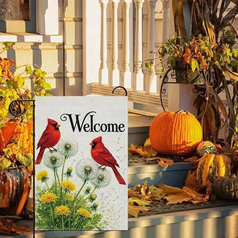 Garden Flag 12x18 Inch, Cardinal Welcome Garden Flag, Double Sided Outdoor Floral Bird Flag with Dandelion Design, Seasonal  kkz