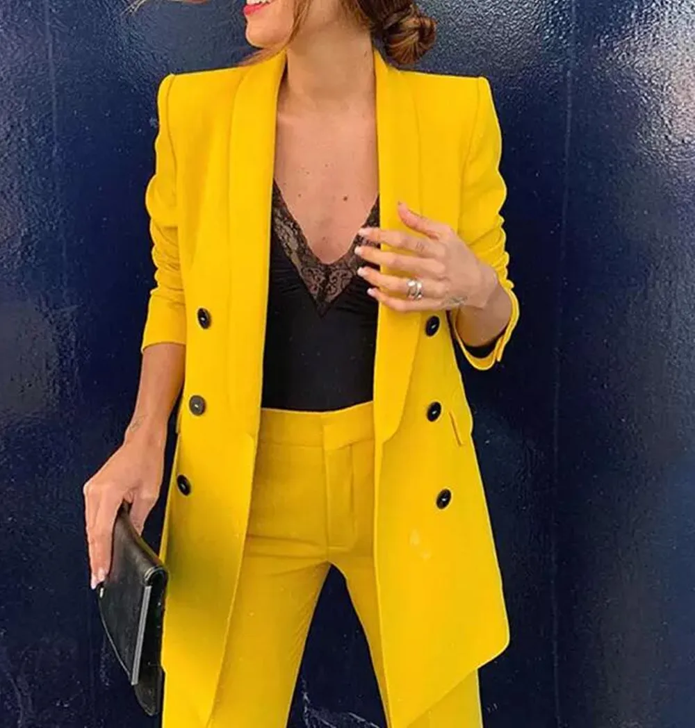 

Желтый женский деловой костюм для отдыха, двубортный офисный пригородный костюм с лацканами, Свадебный вечерний уличный костюм (пиджак + брюки)