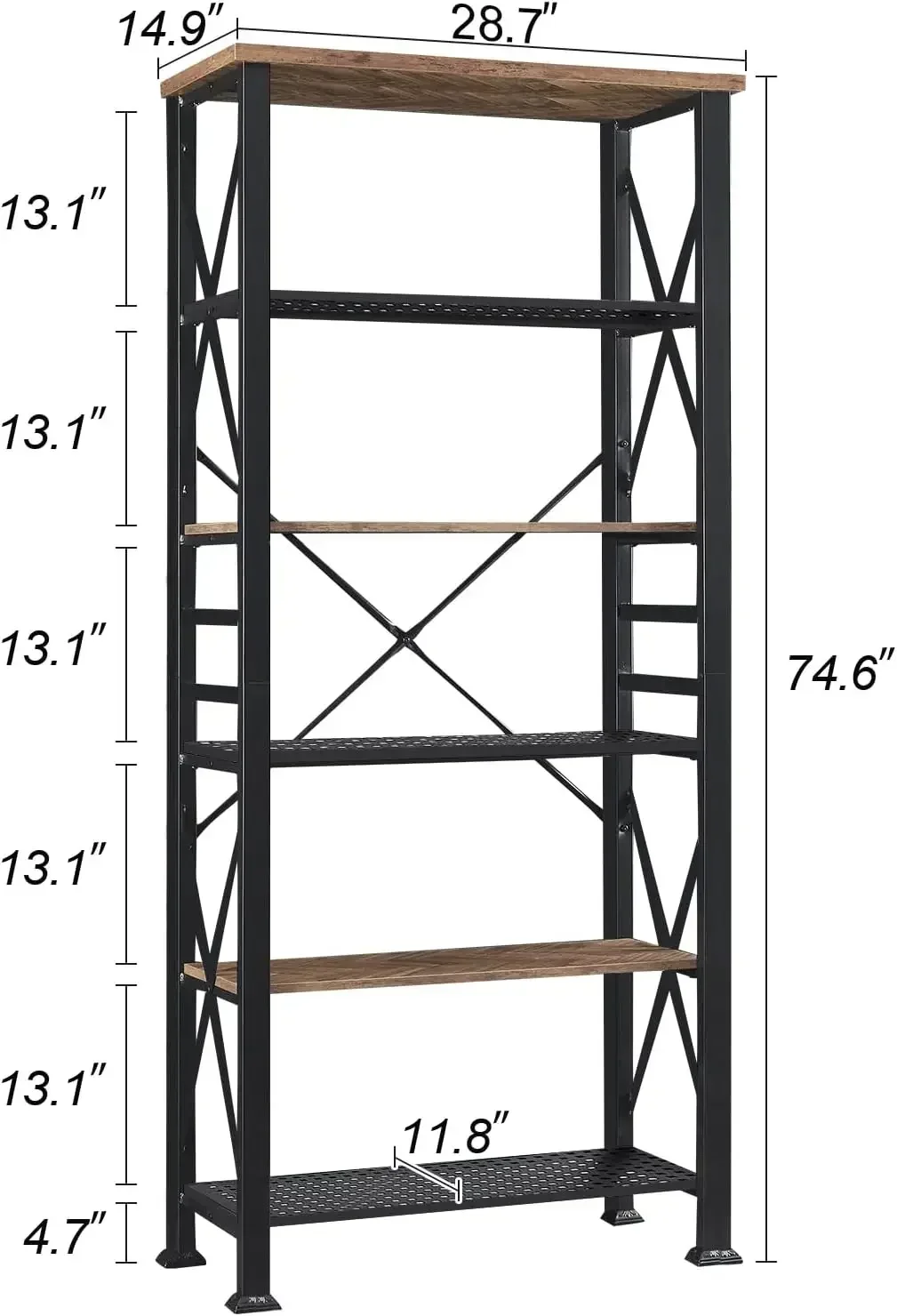 Customizable 6 Tier Bookshelf,74 Inch Tall Industrial Bookshelf With Metal Frame And Open Shelves,Rustic Heavy Duty Bookshelves