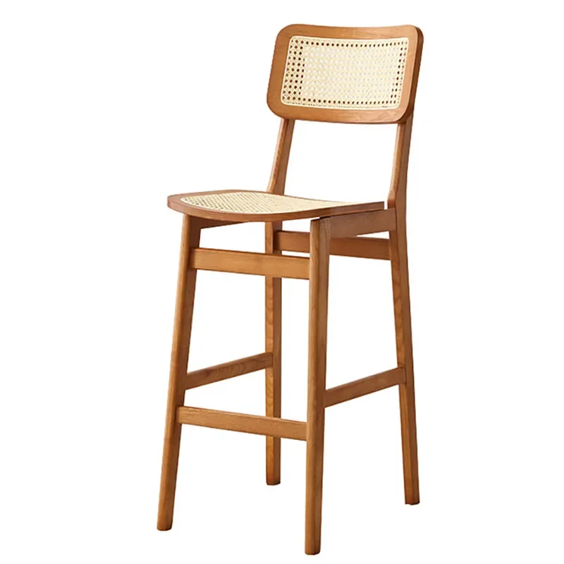 Nordic Rattan Woven Solid Wood Bar Stool Commercial Designer Backrest High Chair Medieval Island Homestay Home Furniture