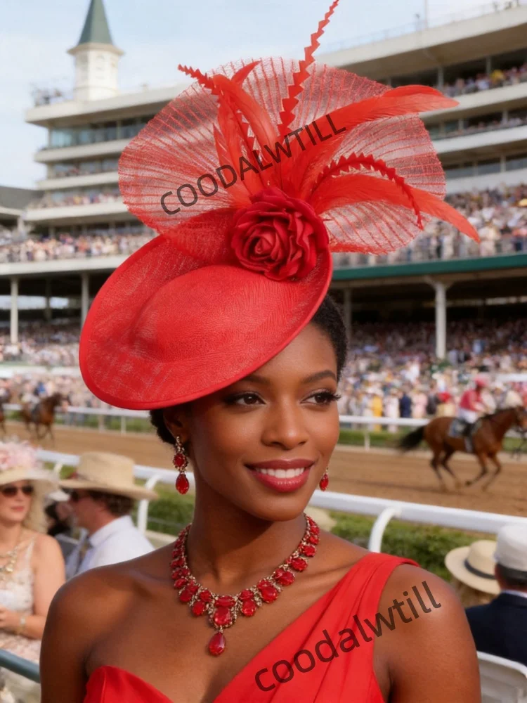 Women Elegant Imitation Sinamay Fascinator Hat, Royal Ascot Tea Party Wedding Headpiece With Feather Flower Hair Accessories view 5