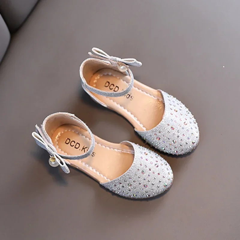 Girl Princess Shoes Rhinestone Pearl Children Wedding Party Single Shoes Fashion Versatile Kids Sweet Korean Style Flat Sandals