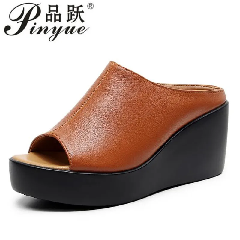 woman platform flip flops  new summer women genuine leather slipper high heel shoes women slippers big size 34 41